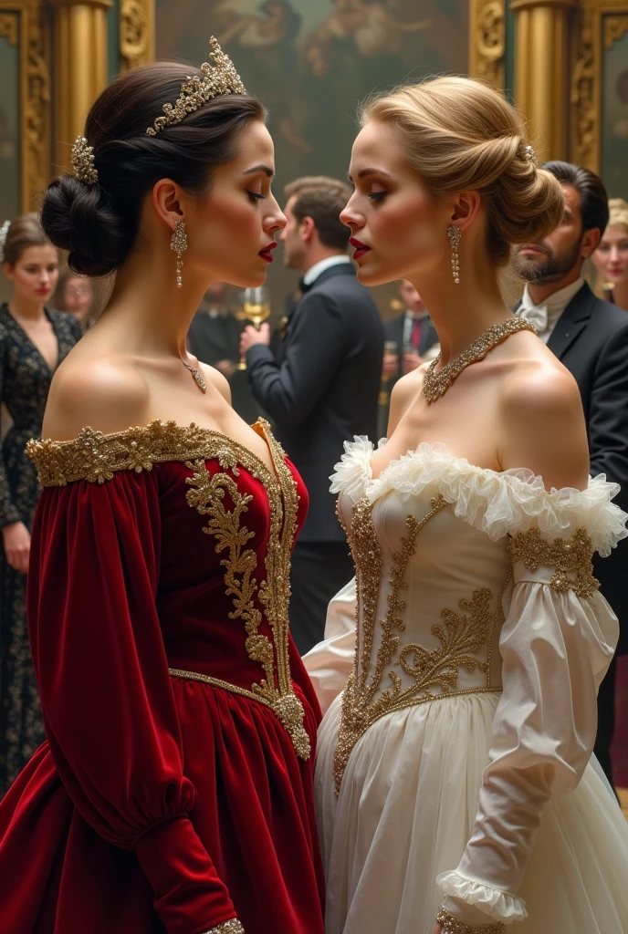 A highly realistic and detailed visual depiction of a tense stand-off between Countess Vivienne von Aurelius and Baroness Ophelia von Aurelius at the Imperial Court's annual charity gala. Countess Vivienne is adorned in a luxurious crimson velvet gown with intricate gold embroidery reminiscent of the Habsburg era, complete with a sweeping train that exudes elegance and noble authority. Her raven hair is styled in an elaborate updo, crowned with a delicate tiara, befitting her status in the Imperial hierarchy. Her countenance is one of poised determination, a testament to her position and influence.

Baroness Ophelia, in stark contrast, is attired in a stunning white gown inspired by Empress Elisabeth of Austria, shimmering with pearls and silver accents that catch the light of the grand chandeliers overhead. The gown's design, while adhering to Imperial court etiquette, has a modern twist that sets her apart. Her golden hair is styled in a sleek chignon, adorned with a string of pearls, emphasizing her calculating expression and the cold beauty for which she is renowned in court circles.

The backdrop is the opulent Schönbrunn Palace ballroom, resplendent with Rococo decorations, gilded mirrors, and frescoed ceilings. Nobles and dignitaries in their finest Imperial regalia mingle in the background, sipping champagne and engaging in courtly intrigue, oblivious to the silent battle of wills unfolding between the two formidable women. The scene captures the elegance, tension, and power dynamics of the Imperial European court, where every gesture and glance carries weight in the delicate balance of power and influence.