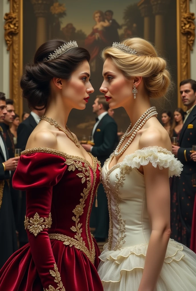 A highly realistic and detailed visual depiction of a tense stand-off between Lady Vivienne d'Aurelis and Lady Ophelia d'Aurelis at the empire's annual charity event, set in a dieselpunk Imperial European theme. Lady Vivienne is dressed in a luxurious red velvet gown with intricate brass gears and cogs embroidered in gold thread, the train flowing behind her like liquid metal. Her dark hair is styled in an elegant updo adorned with subtle clockwork jewels, and she wears a poised, determined expression. Lady Ophelia is attired in a stunning white pearl-themed gown, with shimmering, iridescent fabric that seems to glow under the event's gas-powered lighting. Her gown is adorned with pearls and silver accents, interspersed with delicate pneumatic tubes, giving her an ethereal and coldly beautiful appearance. Her hair is styled in a sleek, modern twist with chrome accessories, and her expression is confident and calculating.
The background showcases the grandeur of the charity event with a dieselpunk twist. Opulent art deco decor is mixed with exposed pipework and brass fittings. Enormous zeppelin-shaped chandeliers hover overhead, powered by visible engines. Guests mingle in the distance, unaware of the silent battle of wills between the two women, their attire a mix of 1920s-inspired fashion and retrofuturistic elements. Servers carry trays of drinks that glow with an otherworldly light, while mechanical orchestras play haunting melodies. The art style is realistic, capturing the elegance, tension, and power dynamics of this pivotal moment, all while immersing the scene in a world where diesel technology and imperial grandeur coexist in a unique blend of past and future.