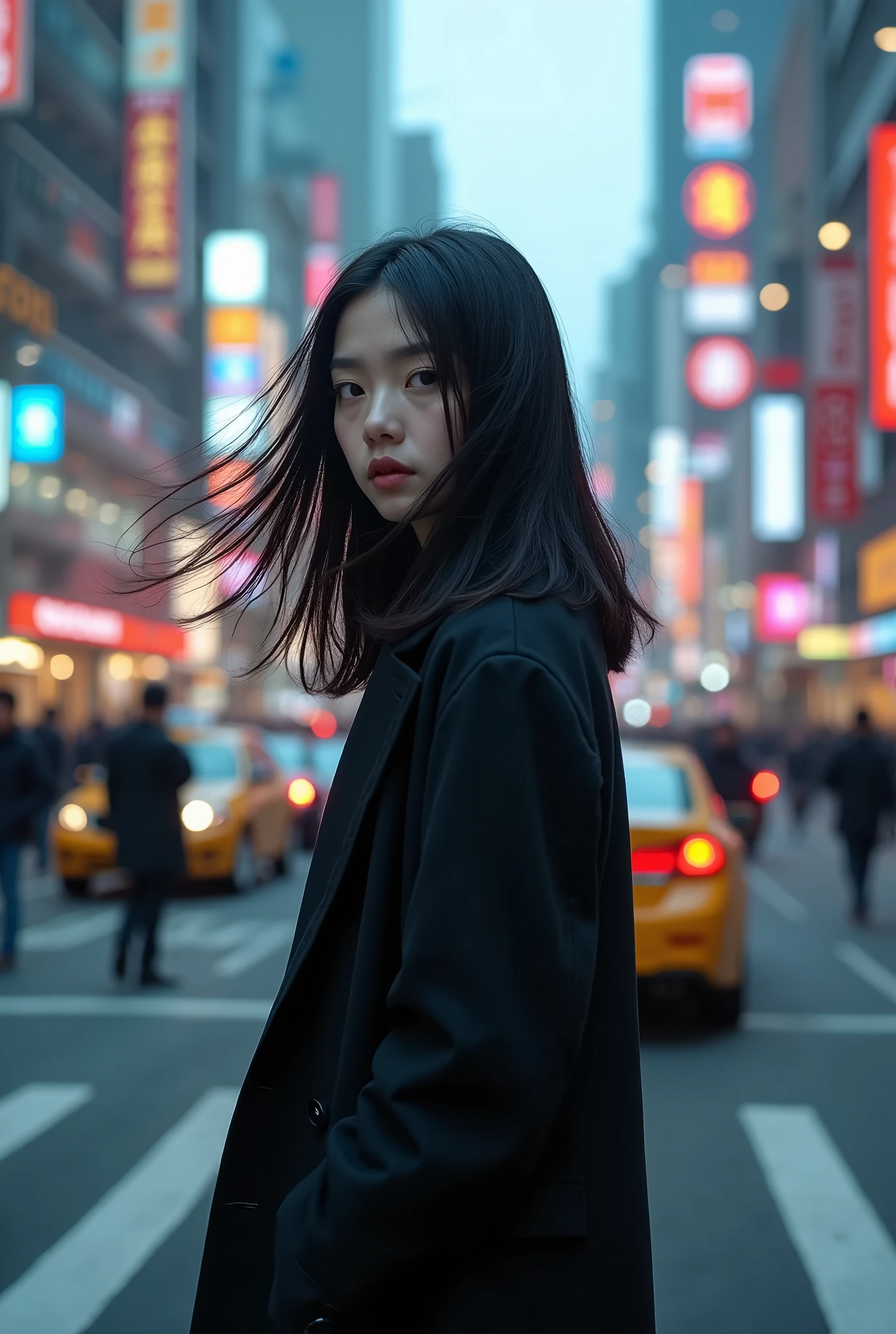 Motion blur is a fascinating time-lapse photograph that captures the bleakness of a bustling, vibrant metropolis. The cityscape is a swirl of movement and vibrant color. The focal point is a beautiful young Japanese woman with gothic features, her silky mid-length hair blowing in the wind, standing in the street. Everything else seems to be stationary except for her, the cars and people are depicted in rapid motion. Her striking presence contrasts with the chaotic background of people scurrying about, their movement blurring the surrounding cityscape. The overall atmosphere is dynamic, with the play of light and shadow creating depth and texture, reflecting the fast rhythm of city life.