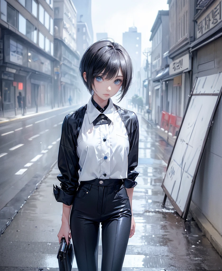 ((4K Works))、masterpiece、(Highest quality)、One beautiful girl、The body is slim、expensive、((Black Y-shirt and white pants、Charming street style))、Please wear a cropped jacket、(Beautiful eyes in every detail)、Morning City、((Rainy Town))、Fashionable city with morning rain、During a walk、((Face similar to Carly Rae Jepsen))、((short-haired gray hair))、((Makes your face smaller))、((Neutral face))、((Bright Blue Eyes))、((American adult women))、((Adult female, 2))、((Cool woman))、((Like a celebrity))、((A lonely look))、((Korean Makeup))、((elongated and sharp eyes))、((Happy Date))、((boyish))、((Upper body photo shoot))、Professional photos、((Model Photo))、((Look up at the sky))、((Shooting from behind))、((She is looking upwards))、((Her eyes are looking up))、((Increase the angle of the face))、((She is walking in front of the viewer))、(Neckline),
