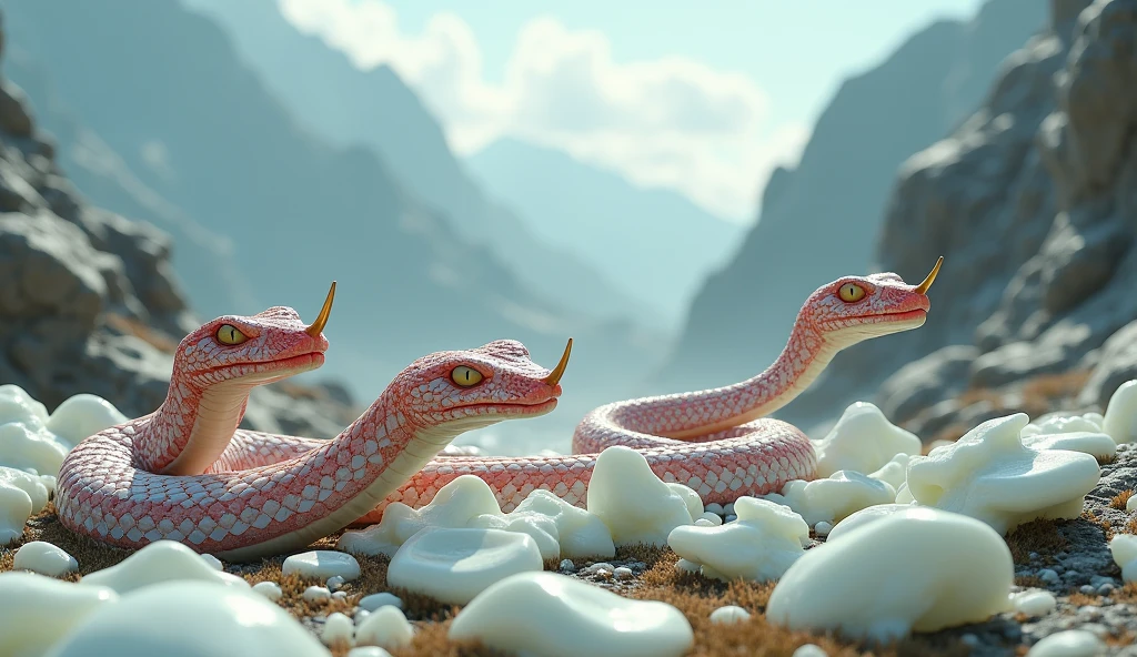 There are many white jades and pit vipers with spikes on their noses between red and white rings on the mountain.(best quality,4K,8k,High level,masterpiece:1.2),Ultra Detailed,(lifelike,Photo real,Photo real:1.37)