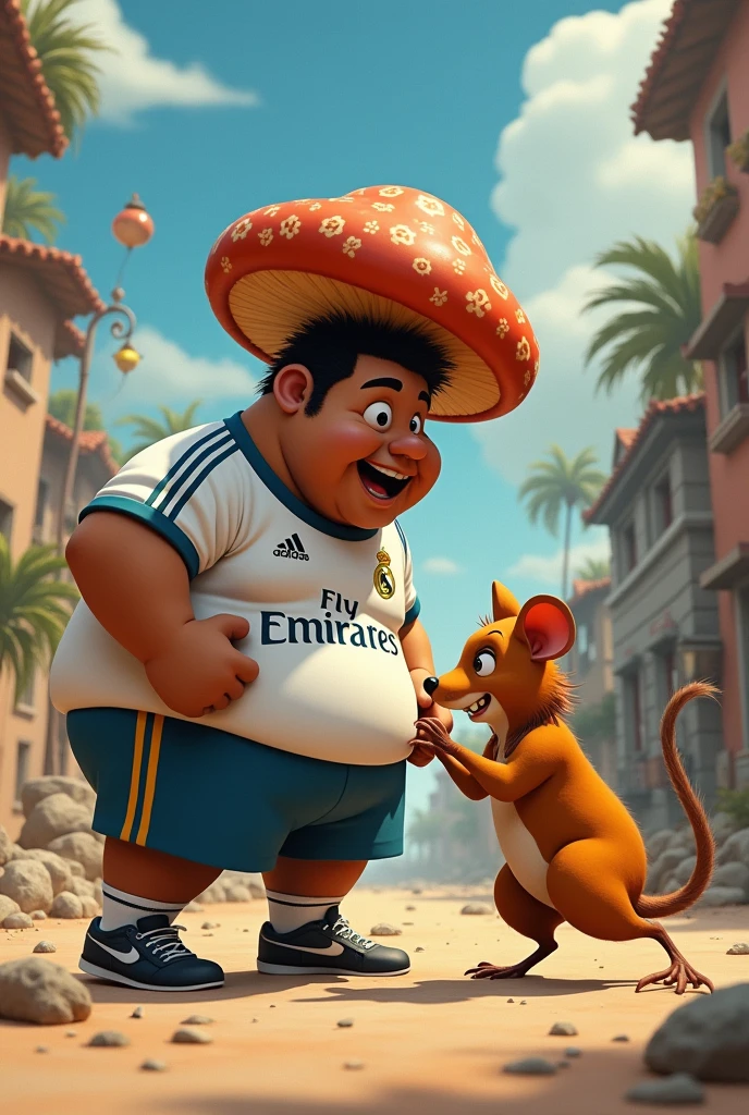 Make me a fatso,mushroom cut, brown skin Real Madrid shirt fighting a rat in FOX clothing, mullet haircut, Wide shorts and black NIKE shoes Disney Pixar style,  with the title MIGUEL VS KEVIN
