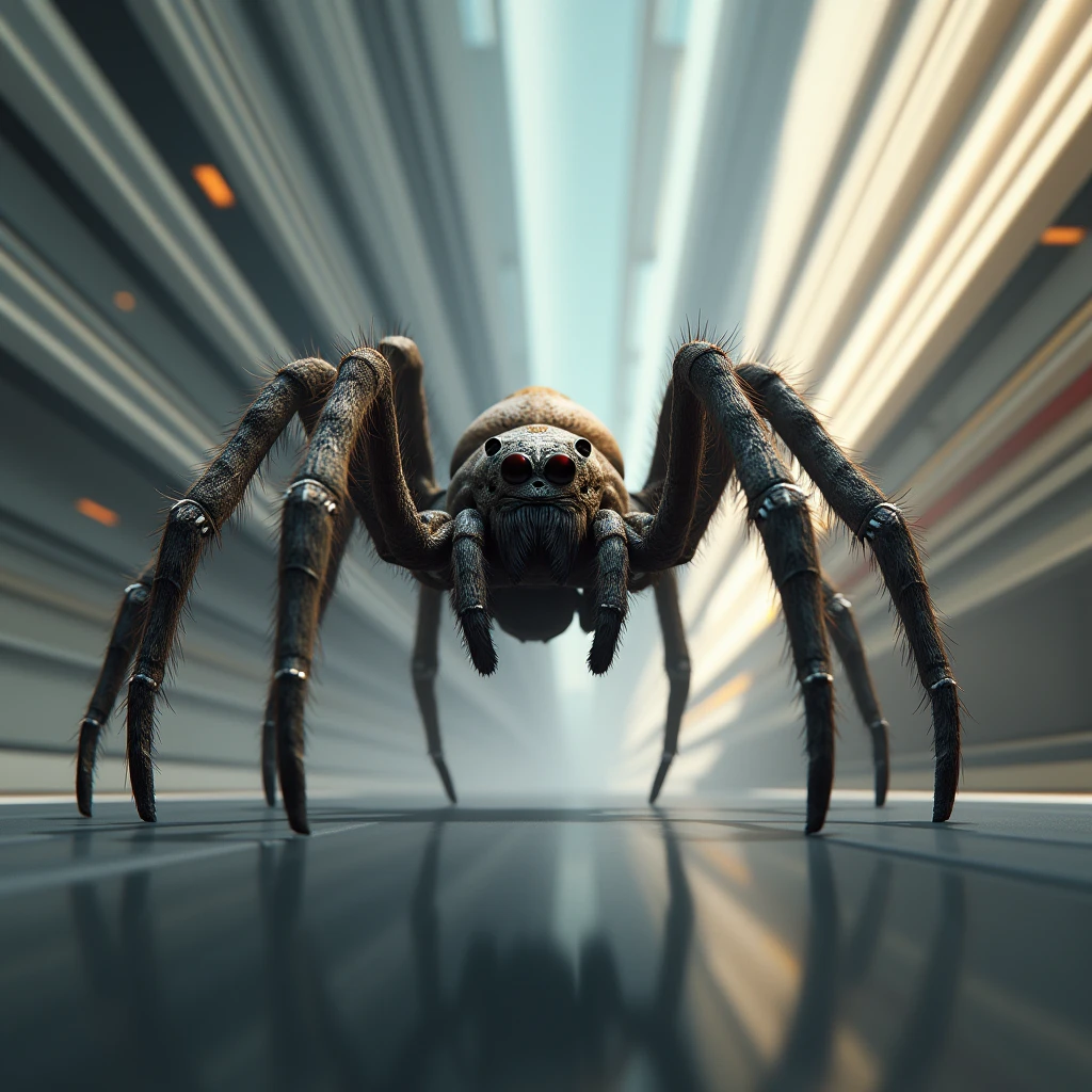 3d、Ultra HD、Front view、Digital Art、A huntsman spider is running at high speed、The background is horizontal converging lines.