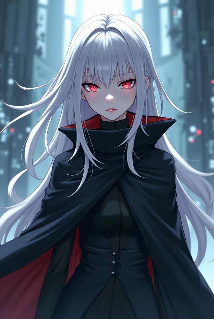anime, girl, long white hair, cape, looking at viewer, pale skin, serious, futuristic