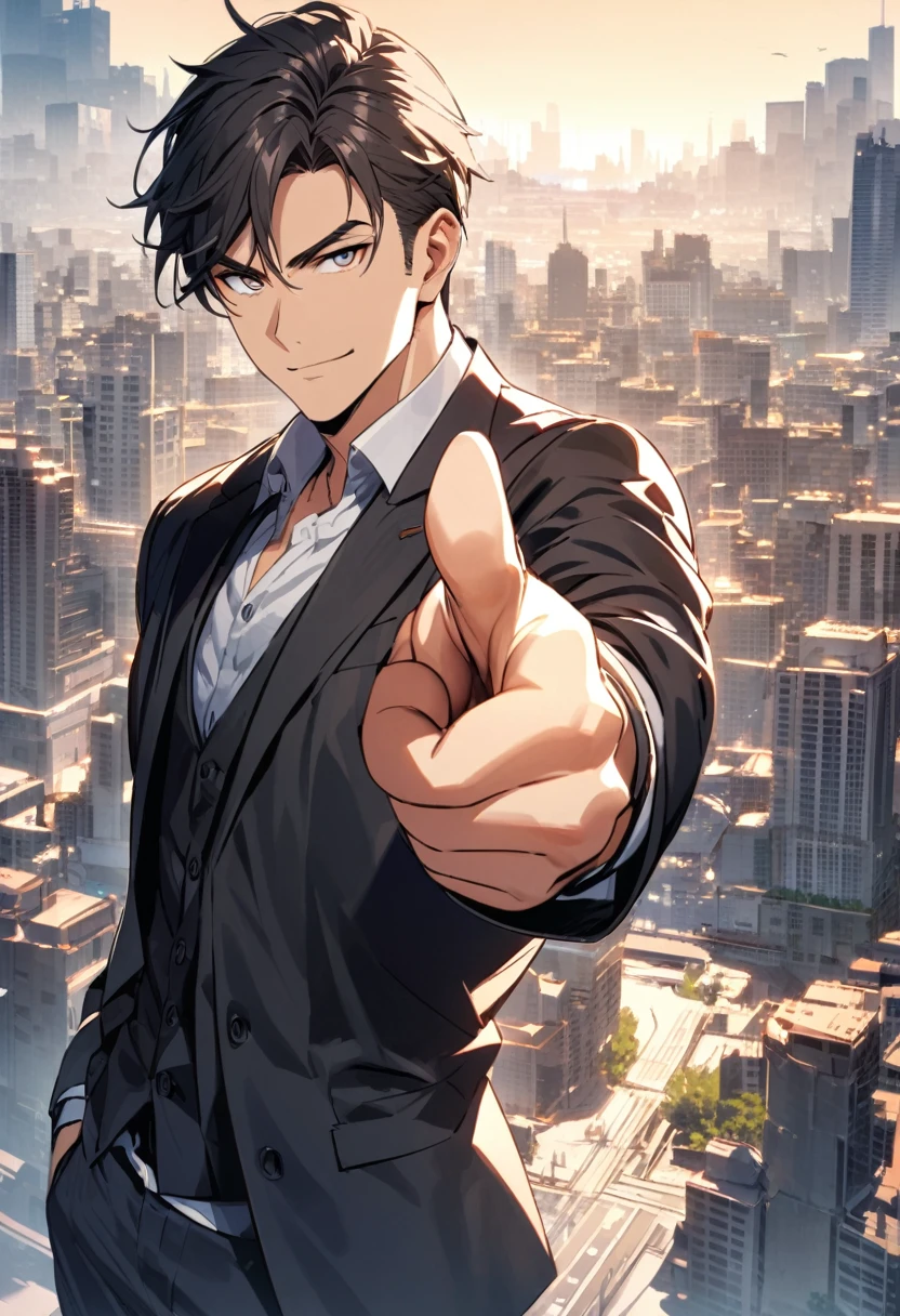 A handsome guy points at you with his right hand and gives a thumbs up with his left hand. The whole background is a modern city.