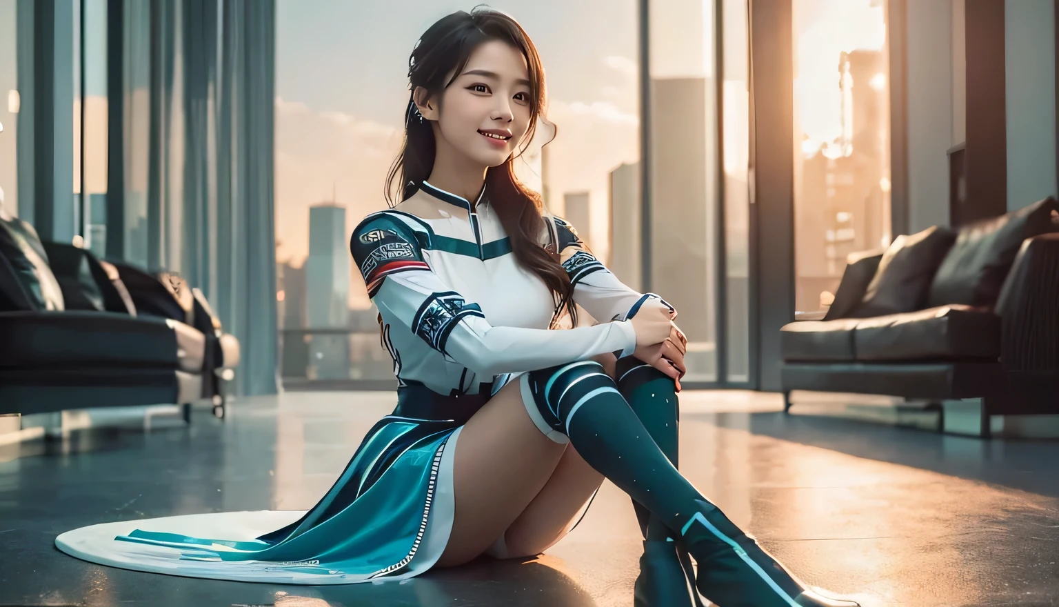 Masterpiece,high resolution,8k,Perfect Face,Perfect body。Smiling woman in futuristic costume, 20 years old, white panties。A realistic live-action Hollywood drama。