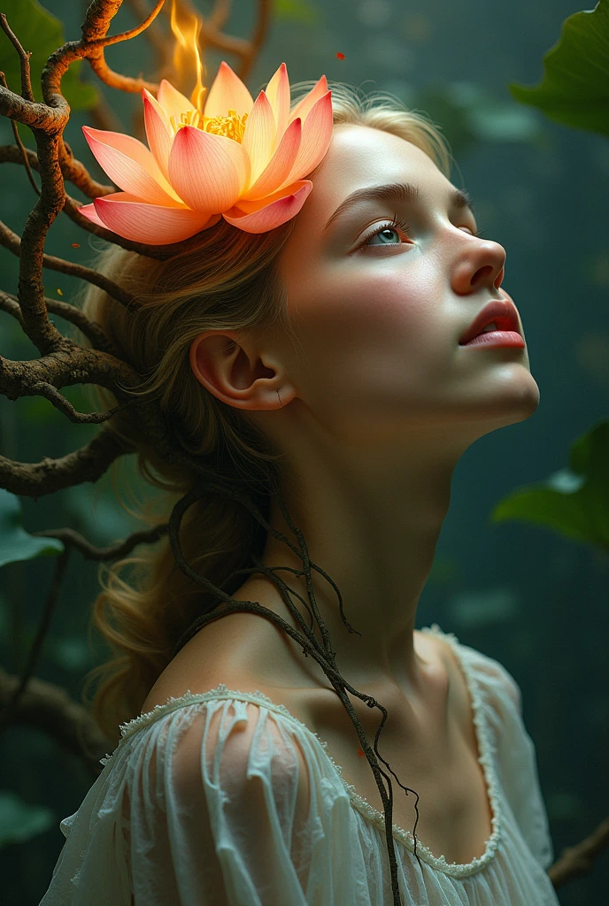 Blonde girl half angle looking up profile from neck up Flames come out of her neck that turn into plant roots around her face and around her eye a lotus flower is created allowing her retina to be seen 