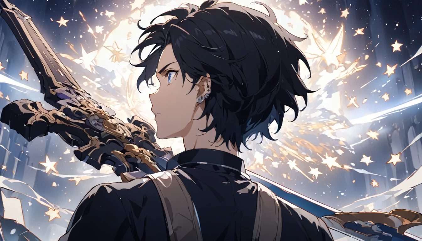 "An anime-style illustration of a strong, confident male warrior. He is dressed in a sleek, black outfit with intricate details that subtly reflect light. His black hair is short and slightly tousled, giving him a determined and fearless look. His piercing eyes convey a sense of courage and unwavering focus. On his back, he carries two swords in crossed sheaths, symbolizing his readiness for battle and his dual-wielding skill. The background is set in a starlit night sky filled with sparkling stars, or within the dark, mysterious depths of a dungeon, with shadows and hints of danger around him. The overall design should evoke a sense of strength, determination, and readiness for any challenge, making it a perfect fit for the 'Brave Music' YouTube channel."