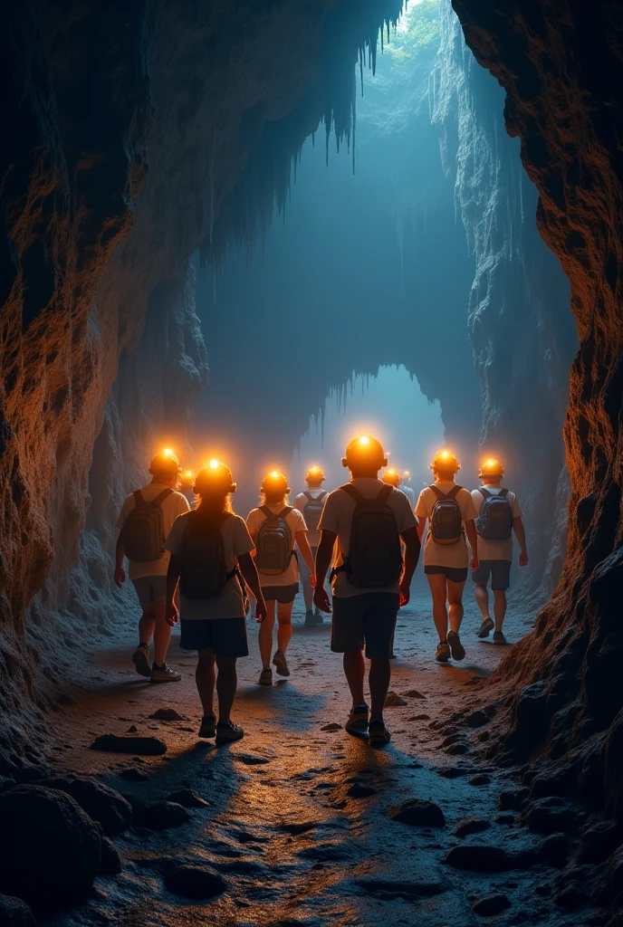 Ten students in Alison Cave at night wearing lighted helmets, T-shirts and shorts.