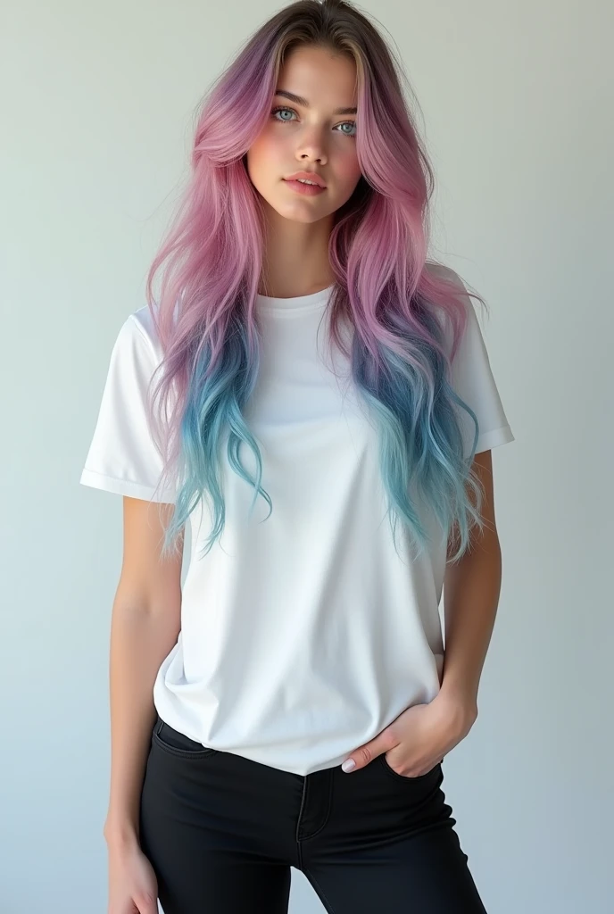 (Madison from Canada, long hair:1.1), blue_eyes, medium_hair, pink_hair, teenage, white t-shirt, black pant, photorealistic, full body view, medium breasts, realistic.