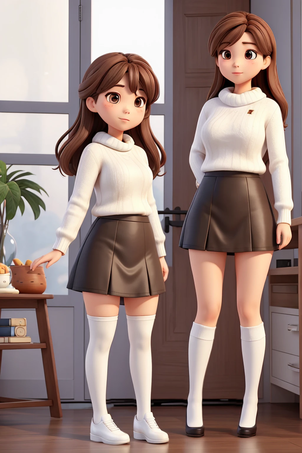 Korean woman whit Brown hair, Thick thighs, wearing a white sweater, black skirt, White high thigh socks and black heels