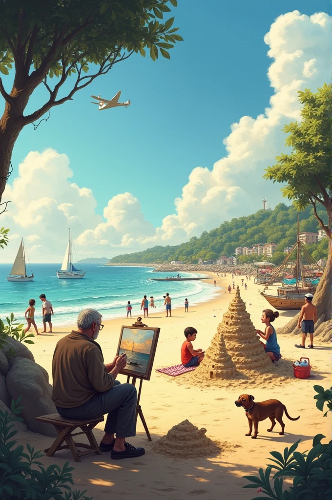 The old man paints on the beach. Children build a sand castle. The dog digs a hole.

A plane flies low in the sky. The couple eats on a blanket. The sun shines. The river flows fast.

The wind moves the sails. The trees sway. Workers repair a boat.

The athlete practices surfing. Police officer keeps watch on the beach.