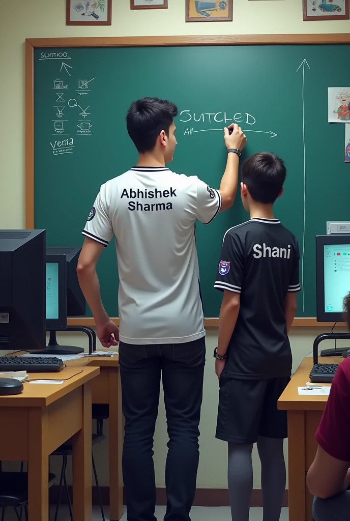 A decorated computer room and a 27year old teacher in white jearsy teaching on board and sit down student in white jearsy black paint,the board write big word ICT Lab kalyanpura purohitan class 10th and teacher jearsy write word back side Abhishek sharma and a student stand up near teacher in black jearsy and jearsy name write word shani