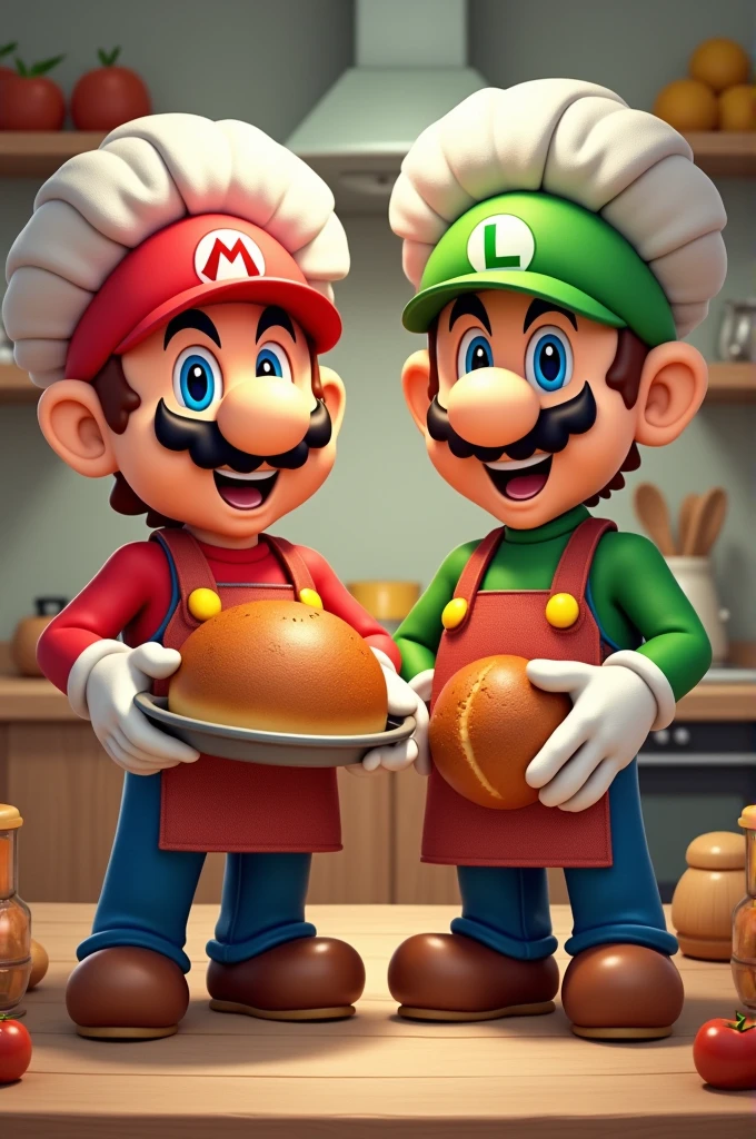 Cute Mario Bros dressed as a chef with an apron and a cassava bread in his hand