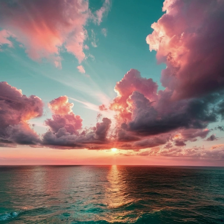 the rising Sun and the ocean, the clouds form the cross in the sky, sea green sky with pink, pastel colors, lots of light