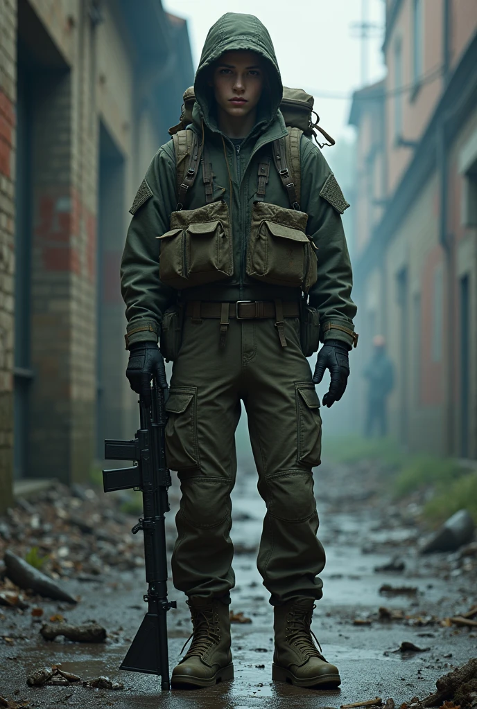 A combination of a hunter from BloodBorne and a stalker from the game stalker shadow of Chernovil, that he/she has light military clothing, that the character is young between 20 and 2 and that the image is full body