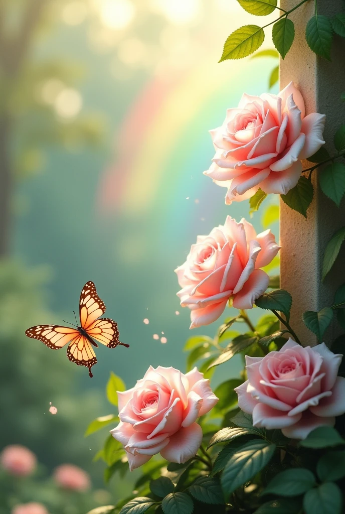 Light pink Roses flower on wall with butterfly and rainbow scenery