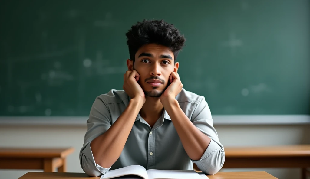 A realistic image of a 20-year-old Indian male student sitting on a school desk. He has both hands resting on his cheeks, looking straight ahead with a thoughtful expression. The setting is a typical classroom with a wooden desk and a chalkboard in the background." Jo ek daam samne dekh raha hai