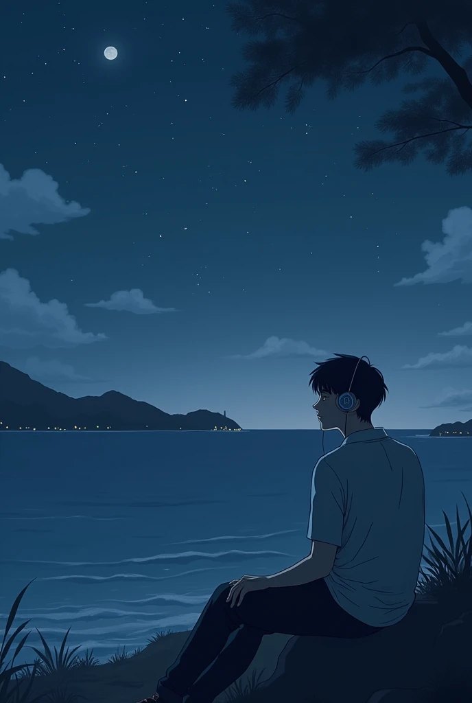 Jungkook listening to music peacefully sitting near sea at night