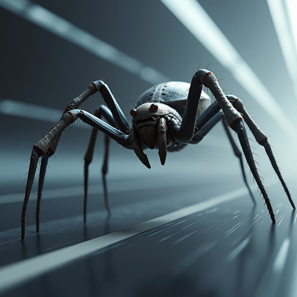 3d、Ultra HD、Side view、Digital Art、A huntsman spider is running at high speed、The background is horizontal converging lines.