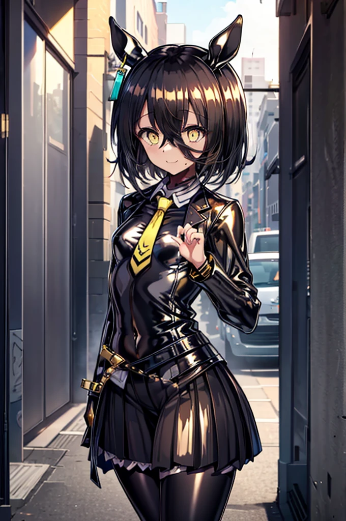 masterpiece, Highest quality:1.2), Manhattan Cafe(umamusume), One Woman, alone,Glowing Skin、Yellow Eyes、Eyes without highlights、Thick legs、Are standing、Cowboy Shot、smile、((latex))、Shiny black skirt, A shiny, black business shirt、Shiny yellow tie, Glossy black jacket,pantyhose、