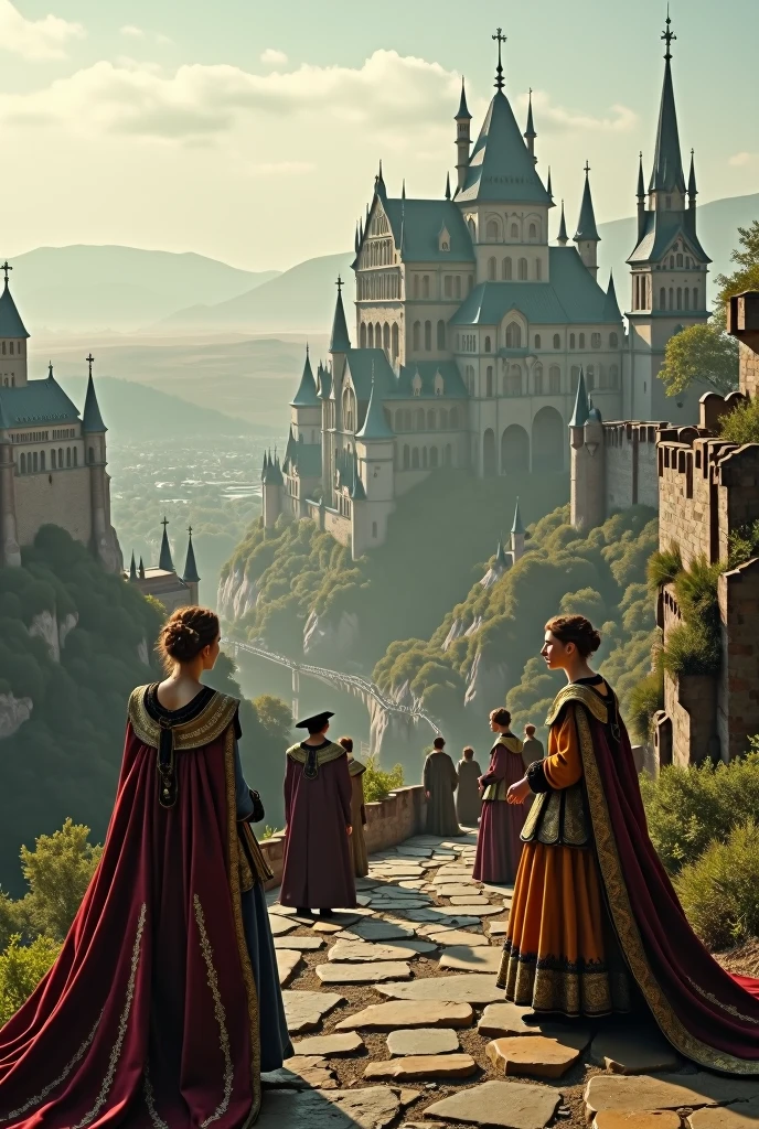 landscape with castles, churches and people dressed in ancient costumes, horizontally.