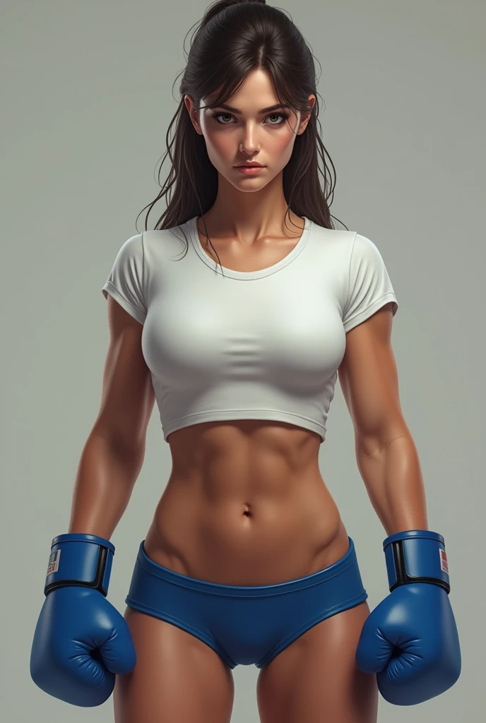 realistic, female boxer, Six-pack, Wear a white T-shirt that clings to your body, Wearing blue bikini panties, Do well, Blue Gloves 
