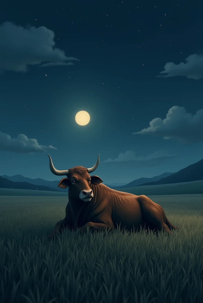 Ox sleeping in the field at night