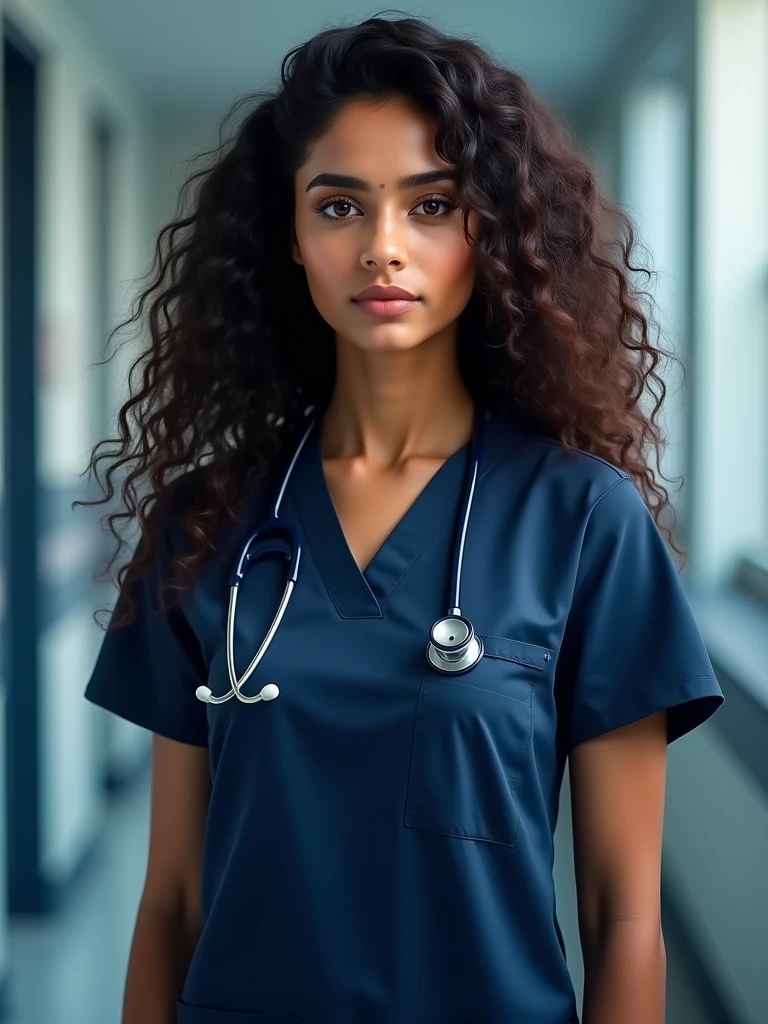 A beautiful sri lankan lady doctor with curly long voluminous hair, fair golden and clear skin, has hourglass body shape, wearing a dark blue colour scrub with name doctor.amd dark blue colour stethoscope at a hospital.looking proud