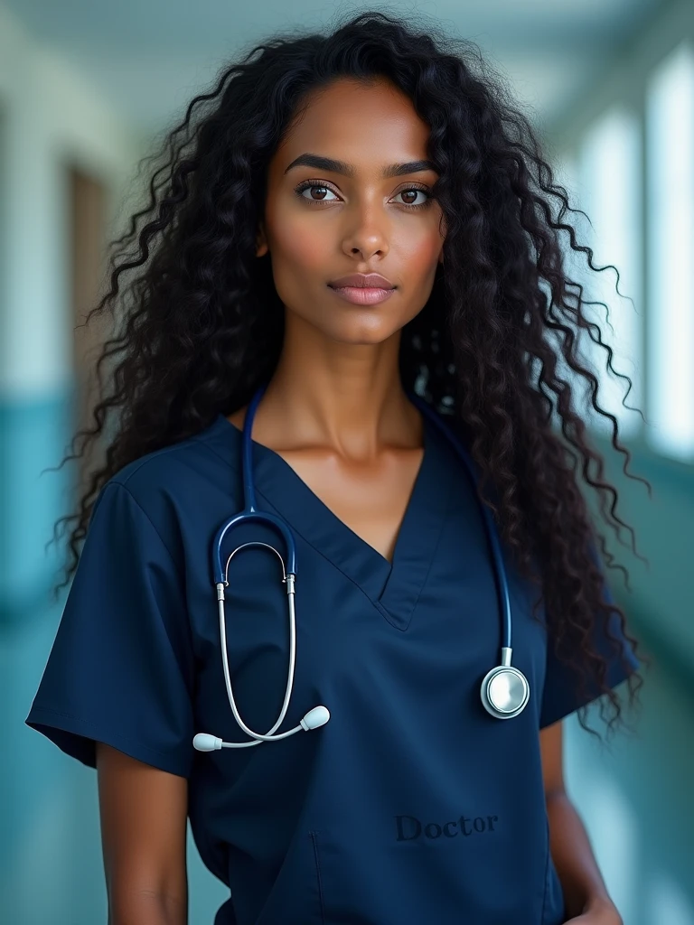 A beautiful sri lankan lady doctor with curly long voluminous hair, fair golden and clear skin, has hourglass body shape, wearing a dark blue colour scrub with name doctor.amd dark blue colour stethoscope at a hospital.looking proud