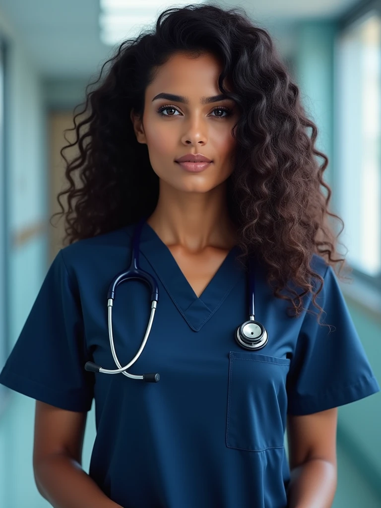 A beautiful sri lankan lady doctor with curly long voluminous hair, fair golden and clear skin, has hourglass body shape, wearing a dark blue colour scrub with name doctor.amd dark blue colour stethoscope at a hospital.looking proud