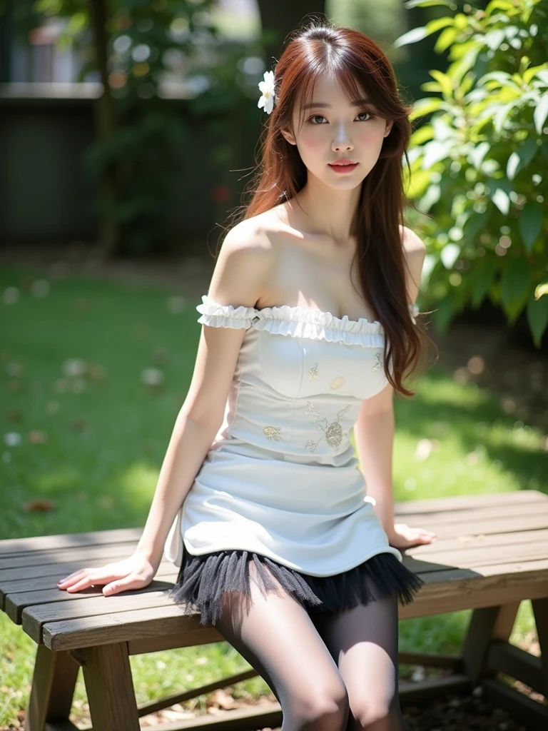 (nsfw), sexy stylish Thai model, only 1 female, ((doll-like appearance)), short Auburn stylish hair, shiny Victorian-Style boots, (big smile), ultra detailed eyes, vivid eye makeup, lipgloss, long lashes, defined eyebrows, (small naked breasts), ((sexy Paradise Kiss cosplay)), (naked aroused open pussy), bell-shaped skirt, petticoats, high neckline, puffed sleeves, ((ultra detailed lace)), ((ultra detailed embroidery)), intricate details, Paradise Kiss accessoires and matching headpiece, choker, ((large sparkling Paradise Kiss jewelry)), cinematic light, detailed large park background with trees