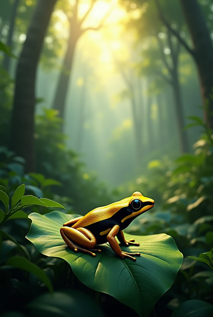 beautiful rainforest, greenery and foggy environment, a golden poison dart frog on a leaf, sunlight came from high leaves of trees, ultra hd 8k