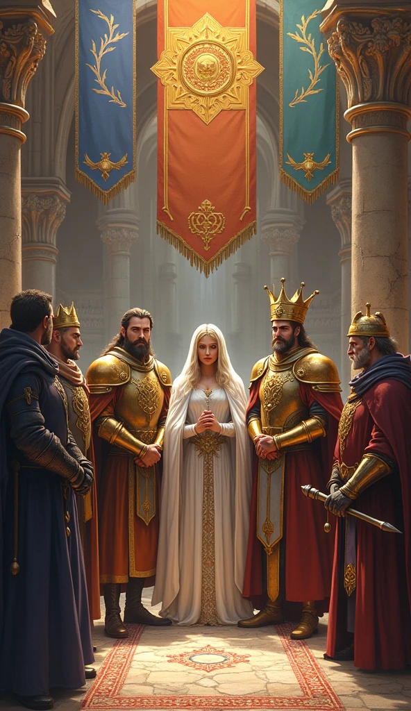 Illustrate a signing ceremony of a peace treaty between the kingdoms, kingdom with king arlock man with golden armor and crown, Queen Ailith with her white cloak and her staff in her magician&#39;s hand and the king of the years a dwarf king with his bronze armor and his two-sided axe with leaders and representatives of the three kingdoms present. The setting should be a large hall or courtyard, with flags and symbols of each kingdom visible and architectural details and clothing consistent with the medieval era.