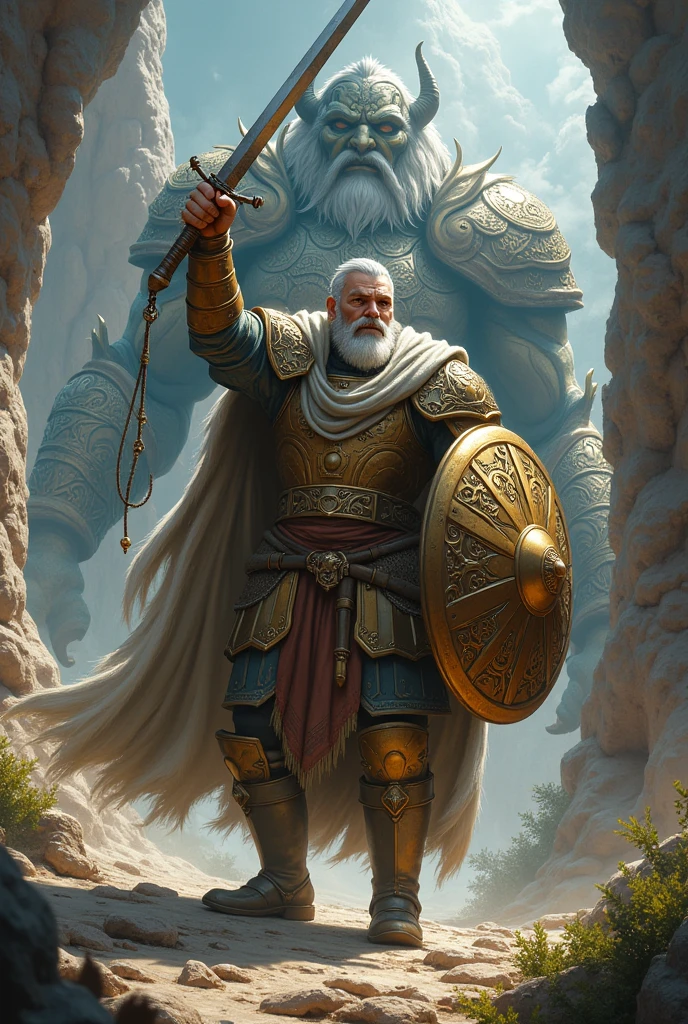 un nain paladin dégarnie, équipé d'un lasso et d'un pavois, brandissant sont arme en criant contre un adversaire situé en contre plongé, dans le style de pathfinder ou de magic-the-gathering