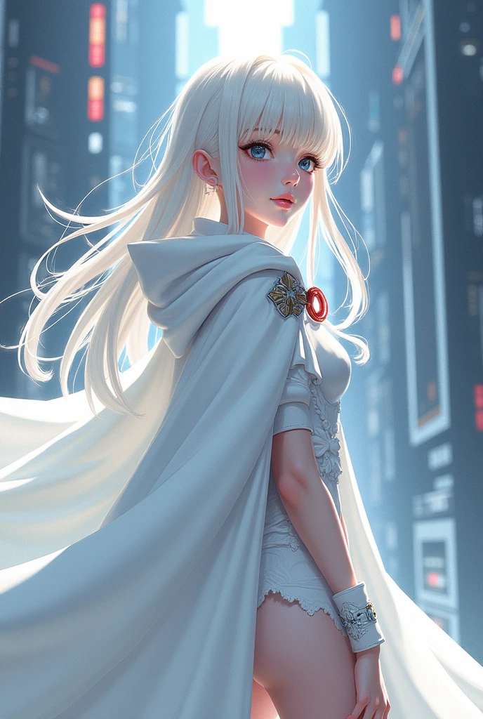 anime, girl, long white hair, cape, looking at viewer, pale skin, serious, futuristic, pixel art, white clothes