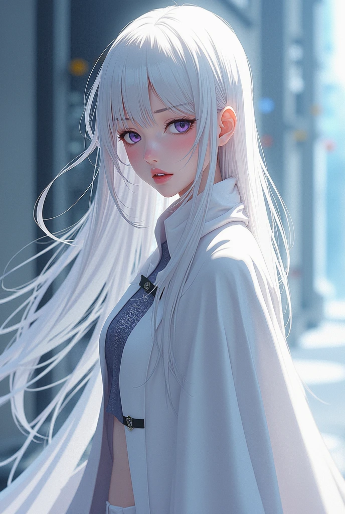 anime, girl, long white hair, cape, looking at viewer, pale skin, serious, futuristic, pixel art, white clothes