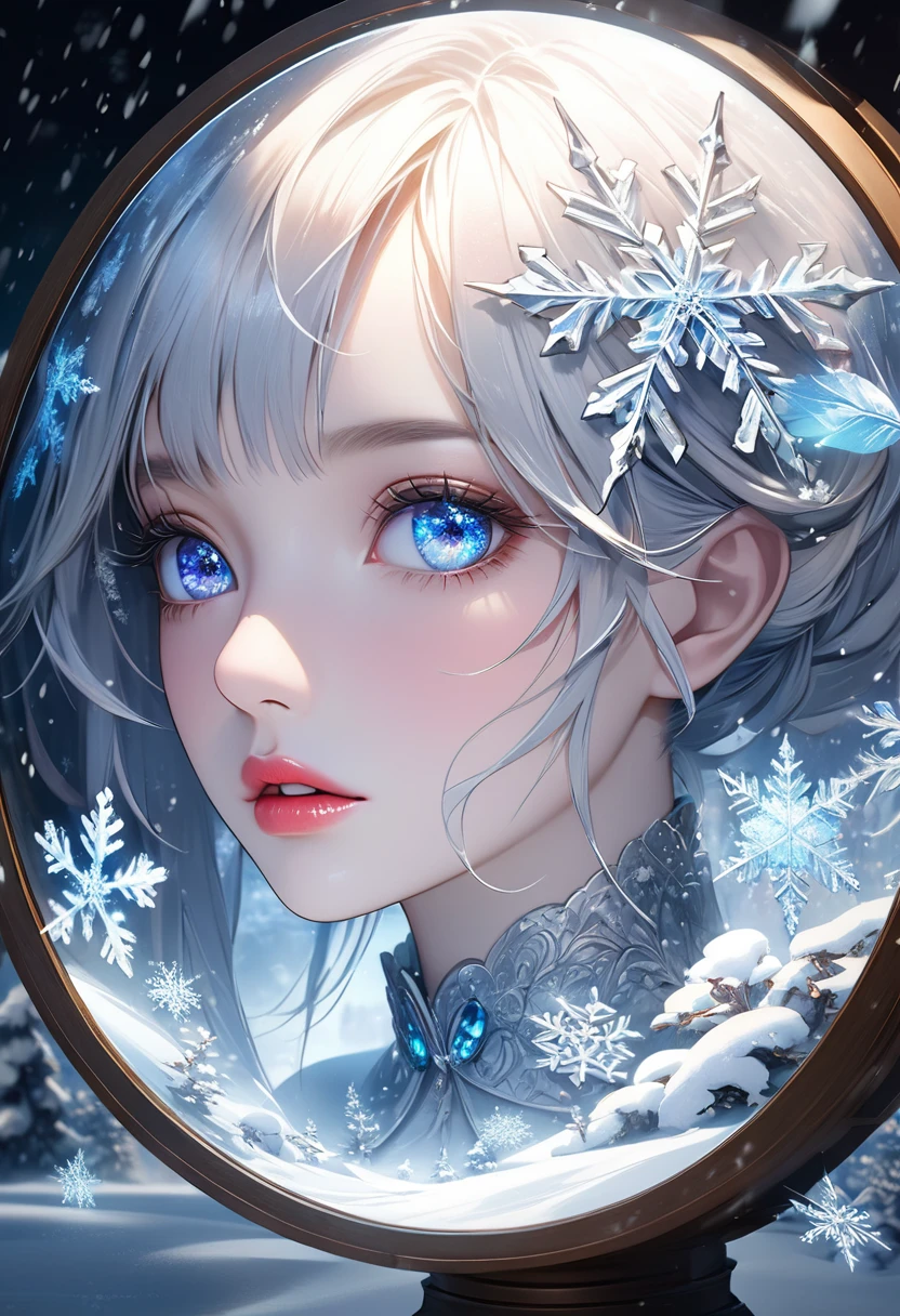 snowy landscape, dark canvas, Transparent sparkling snowflakes falling, Transparent holographic reflection, A surreal landscape made of snowflakes, Leaves viewers speechless, A beautiful world, 1 woman, detailed eyes, detailed lips, very detailed face, long eyelashes, Beautiful and detailed portraits, elegant, tranquil expression, winter, high quality, 8k, realistic, surrealist, studio lighting, Physically Based Rendering, vivid colors, movie lights, dramatic lighting, soft lighting, dramatic contrast, Glowing snowflakes, icy, winter 왕국, cold, clear, ethereal, dreamlike, mysterious, magical, fancy, concept art