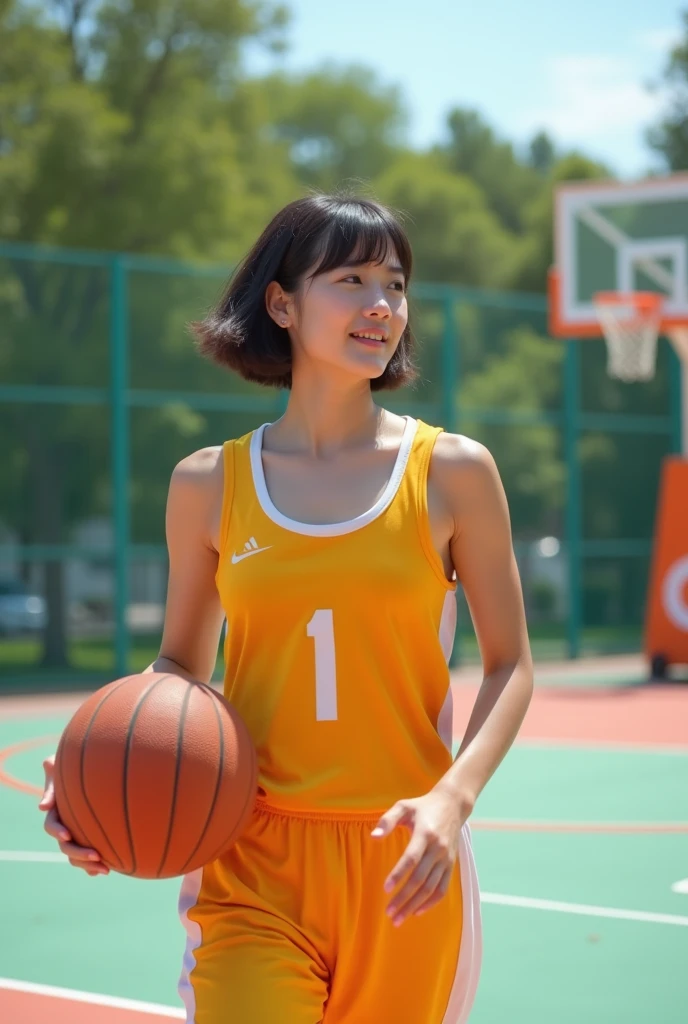 Woman playing basketball、20-year-old、Live photos、cute、With bangs、