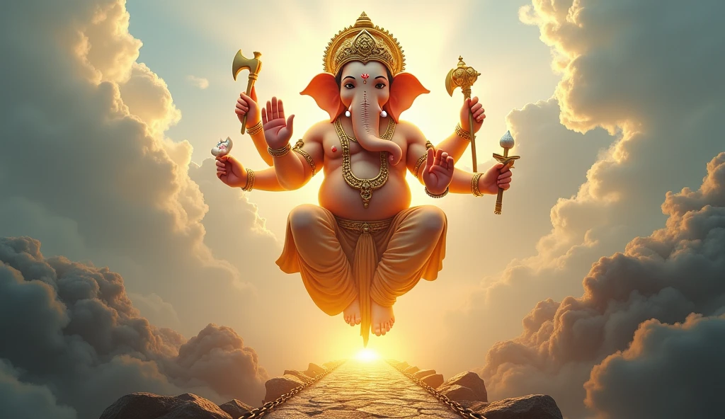 Create a detailed and majestic image of huge  Lord Ganesha , with all traditional and essential features accurately depicted. Ensure that each hand has five well-defined fingers. Ganesha should have four arms, each holding a significant element:
Upper Right Hand: Holding an axe (Parashu), symbolizing the cutting off of attachments and worldly desires.
Upper Left Hand: Holding a lotus (Padma), representing purity, enlightenment, and spiritual awakening.
Lower Right Hand: Raised in a blessing gesture (Abhaya Mudra), symbolizing protection, fearlessness, and divine blessing.
Lower Left Hand: Holding a modak (sweet), representing the rewards of a disciplined life and the sweetness of wisdom.

Create an image of a huge, transparent Lord Ganesha in the sky, using his trunk to suck large stones and chains from a path that stretches out in front of him. The path, once obstructed, still contains some remaining stones and chains, showing the process of clearing. Ganesha is positioned in the sky, raising his trunk to remove these obstacles. Golden light radiates from Ganesha, illuminating the newly cleared path. Ensure that Ganesha’s body parts, such as his hands, trunk, and eyes, are well-defined and accurate, with each hand having five fingers, and traditional elements like the lotus, conch, and modak (sweet) are held correctly and clearly. The background is serene, with gentle light and soft colors, emphasizing Ganesha's divine presence and his role as the remover of obstacles. The overall atmosphere of the image is one of peace, protection, and guidance