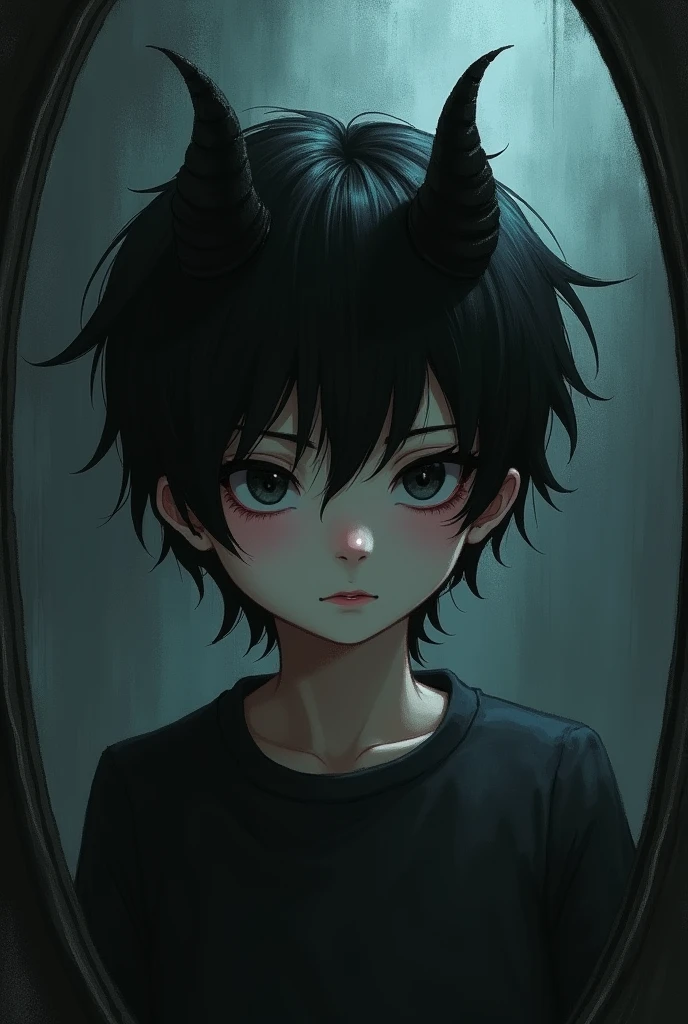 A person whose condition is hidden in the mirror, a 1 boy with black hair and devil horns