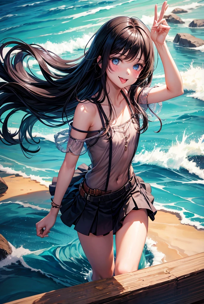 very cute and beautiful girl,(highly detailed beautiful face and eyes),white and light blue camisole,cute ruffle petticoat,
(smile1.2),happy,looking at viewer,black hair,cowboy shot,detailed legs,beach,tropical resort,
(best quality,masterpiece),absurdres,highres,ultra-detailed,extremely detailed,32k,8k resolution,
intricate details,cinematic scene,detailed background,solo,dynamic angle,
natural lighting,hair fluttering in the wind,beautiful detailed sky,