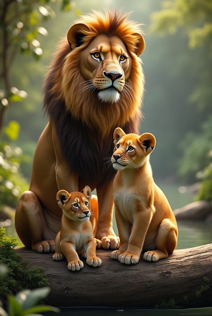 lion family a male, a female and two cubs, on a log