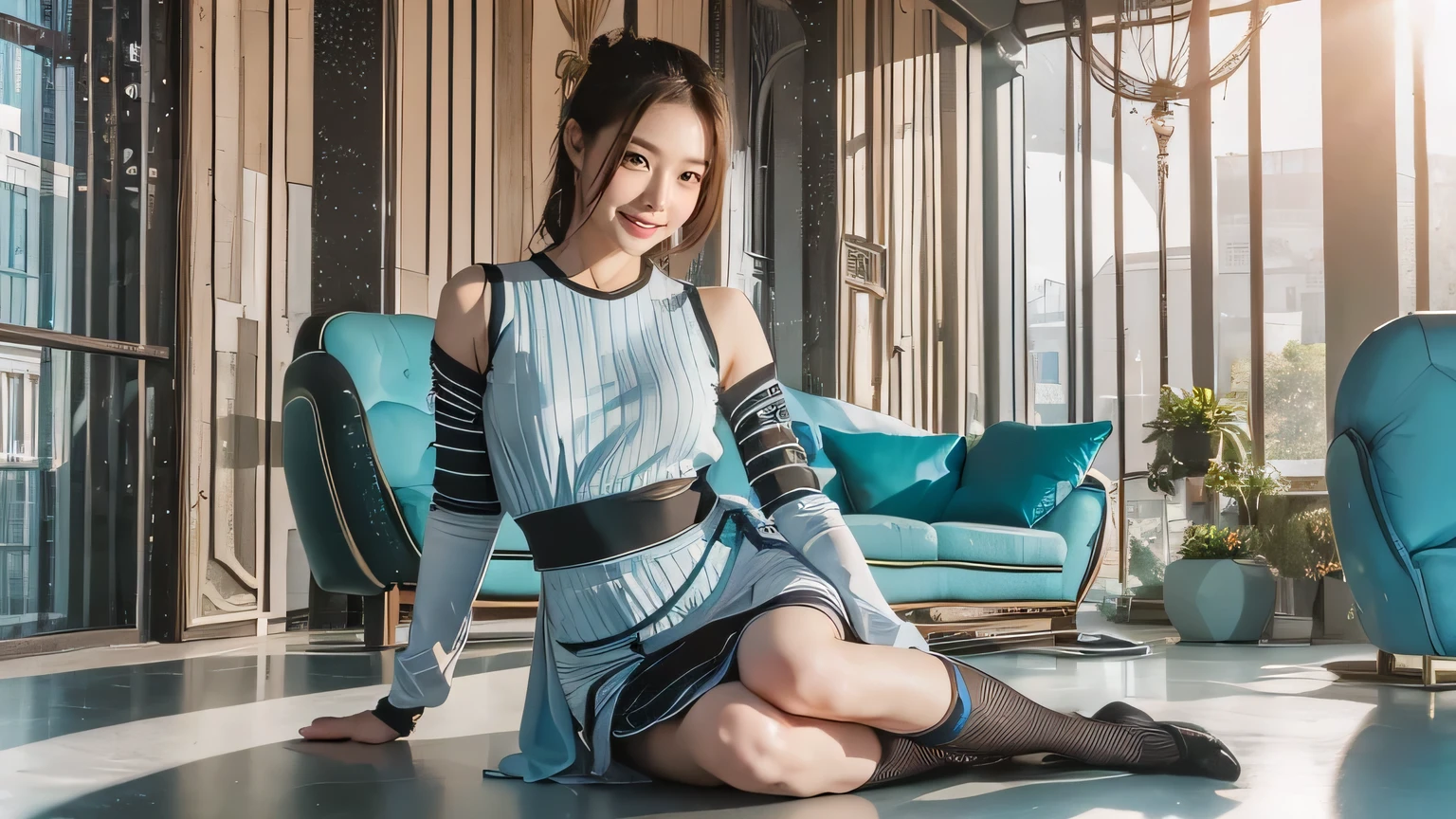 Masterpiece,high resolution,8k,Perfect Face,Perfect body。Smiling woman in futuristic costume, 20 years old, white panties。A realistic live-action Hollywood drama。