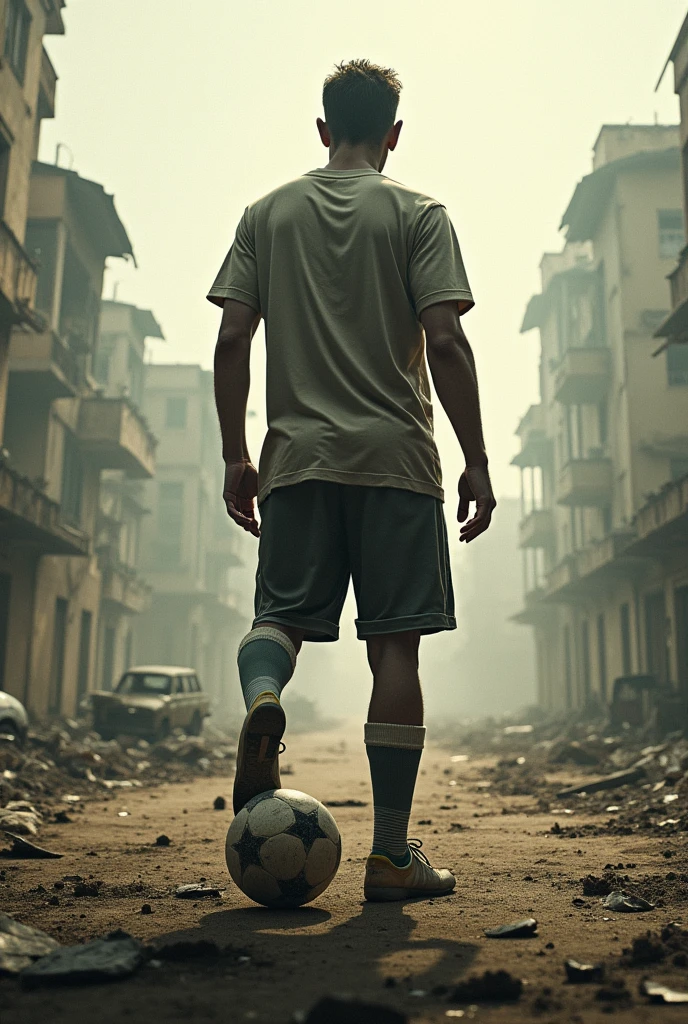 Man with his back turned with his foot on the ball in an apocalyptic environment 