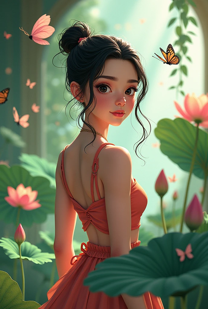 She is a girl who likes nature, she likes free style and aesthetics. She style is fierce. She symbolizes a woman with a high IQ and of course she is beautiful, with black eyes . Make it in animated form There is always a lotus flower that she likes. And he likes butterflies. He likes it in the house. Dress like a child of nature