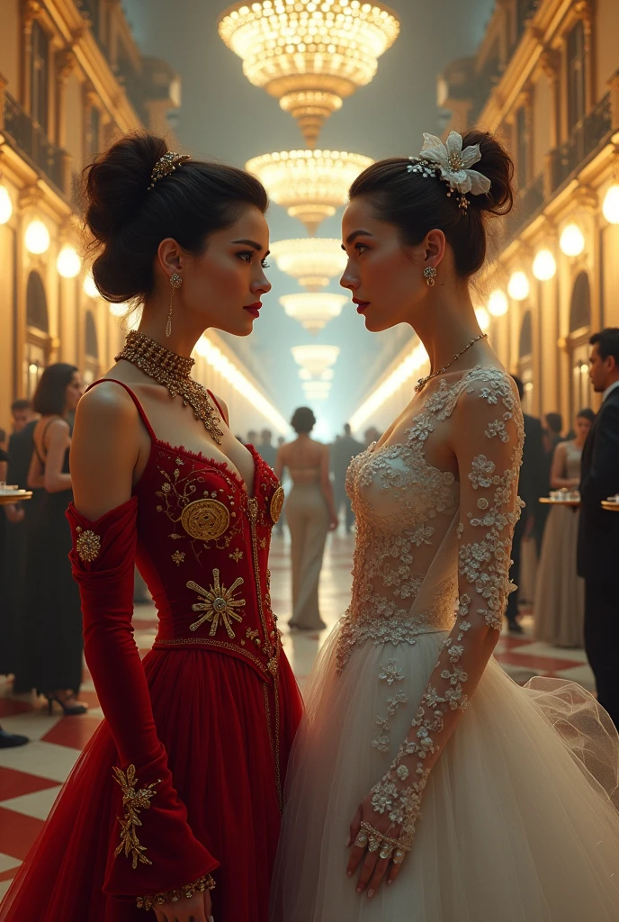 A highly realistic and detailed visual depiction of a tense stand-off between Lady Vivienne d'Aurelis and Lady Ophelia d'Aurelis at the empire's annual charity event, set in a dieselpunk Imperial European theme. Lady Vivienne is dressed in a luxurious red velvet gown with intricate brass gears and cogs embroidered in gold thread, the train flowing behind her like liquid metal. Her dark hair is styled in an elegant updo adorned with subtle clockwork jewels, and she wears a poised, determined expression. Lady Ophelia is attired in a stunning white pearl-themed gown, with shimmering, iridescent fabric that seems to glow under the event's gas-powered lighting. Her gown is adorned with pearls and silver accents, interspersed with delicate pneumatic tubes, giving her an ethereal and coldly beautiful appearance. Her hair is styled in a sleek, modern twist with chrome accessories, and her expression is confident and calculating.

The background showcases the grandeur of the charity event with a dieselpunk twist. Opulent art deco decor is mixed with exposed pipework and brass fittings. Enormous zeppelin-shaped chandeliers hover overhead, powered by visible engines. Guests mingle in the distance, unaware of the silent battle of wills between the two women, their attire a mix of 1920s-inspired fashion and retrofuturistic elements. Servers carry trays of drinks that glow with an otherworldly light, while mechanical orchestras play haunting melodies. The art style is realistic, capturing the elegance, tension, and power dynamics of this pivotal moment, all while immersing the scene in a world where diesel technology and imperial grandeur coexist in a unique blend of past and future.