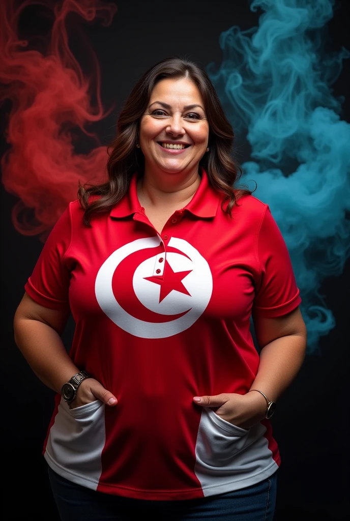 Slightly fat woman wearing red and white block polo shirt with large Tunisian flag pattern, black background with colored smoke, realistic and high resolution photo 32 
