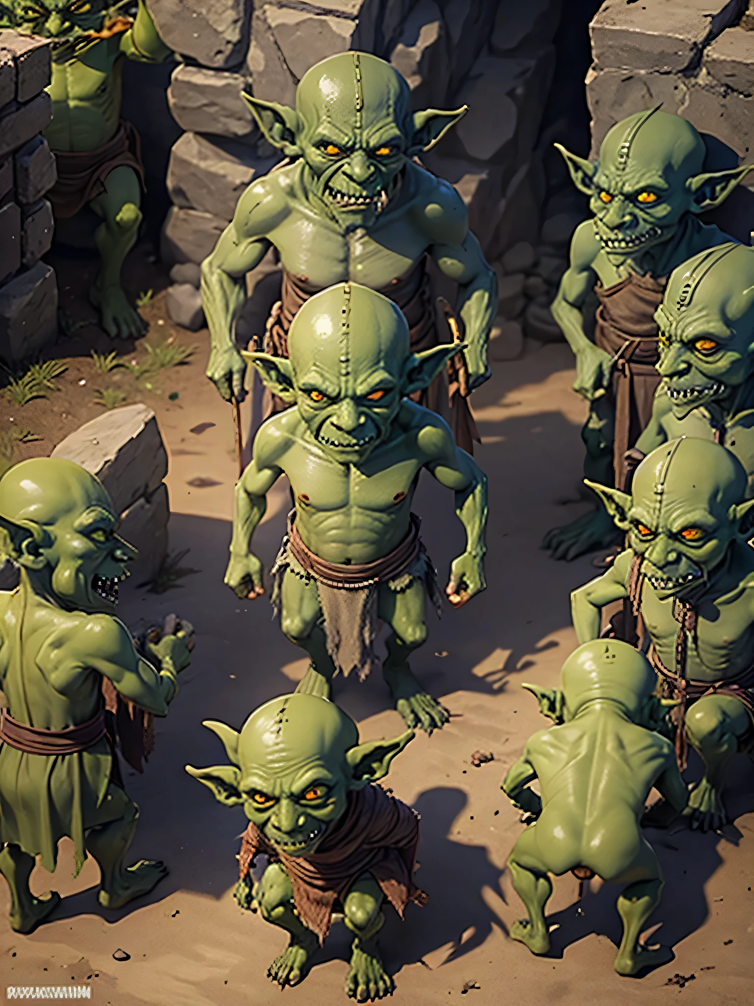 many goblins (goblin, green skin, pointy ears, dressed in rags), nasty goblin, want to fucked girl, group of goblin, Raiding village, looking for prisoners