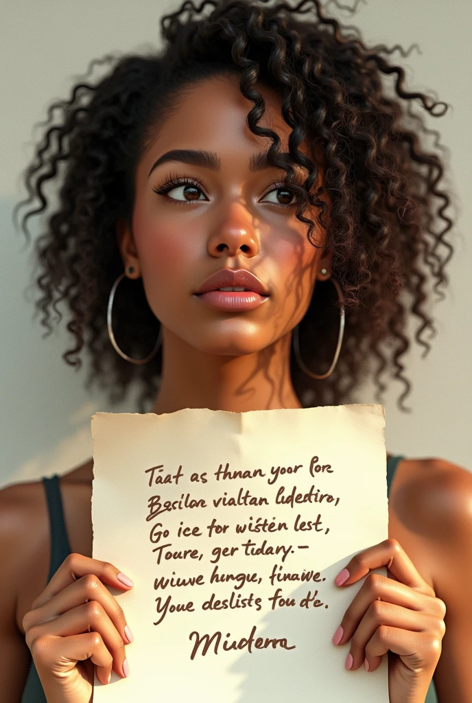 She needs to look Brazilian... The realism was great. On this sheet of paper it would be interesting if the writing looked like it was done by hand., pen type;